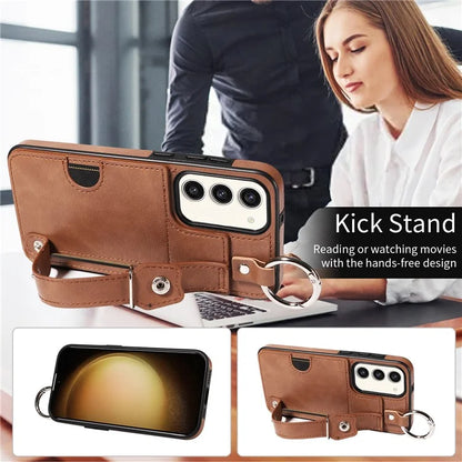 008 For Samsung Galaxy S23+ Kickstand Case Anti-Dorp PU+TPU Phone Cover with Ring Buckle