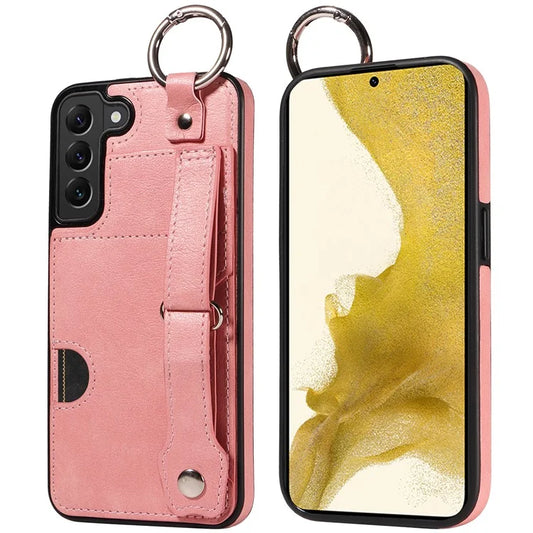 008 For Samsung Galaxy S22+ 5G Case Non-Slip Kickstand Grip Leather+TPU Phone Cover with Card Holder