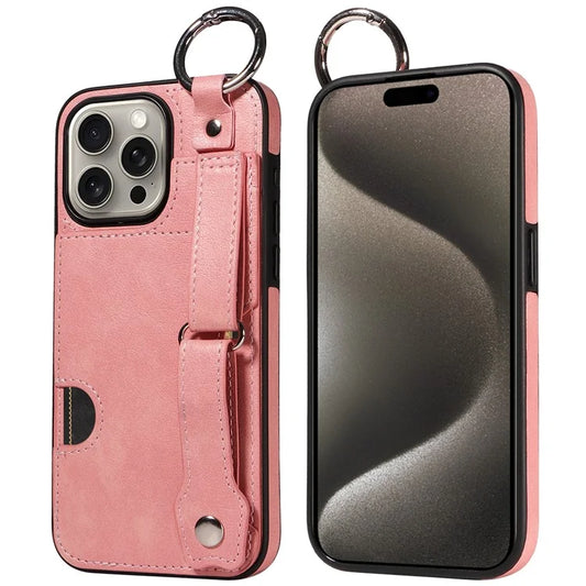 008 For iPhone 15 Pro Max Case Finger Ring Leather+TPU Phone Cover with Card Slot