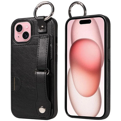 008 For iPhone 15 Case Card Slot Leather+TPU Phone Cover with Anti-Drop Finger Ring