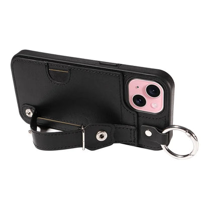 008 For iPhone 15 Case Card Slot Leather+TPU Phone Cover with Anti-Drop Finger Ring