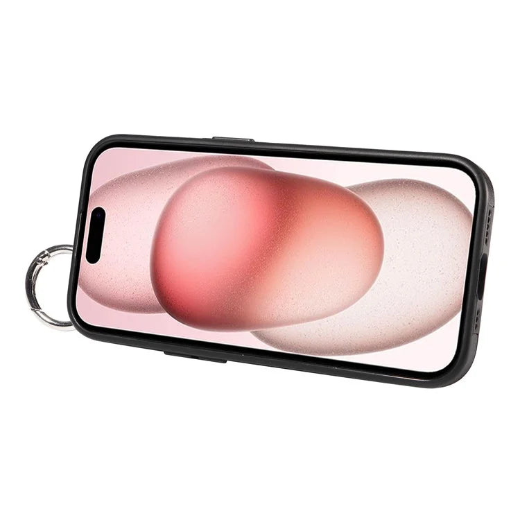 008 For iPhone 15 Case Card Slot Leather+TPU Phone Cover with Anti-Drop Finger Ring