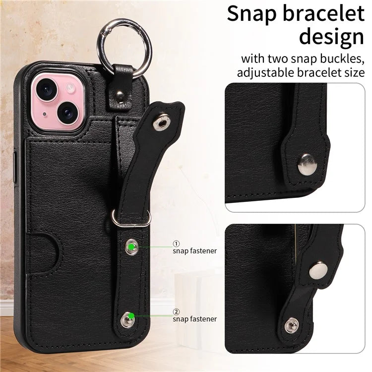 008 For iPhone 15 Case Card Slot Leather+TPU Phone Cover with Anti-Drop Finger Ring