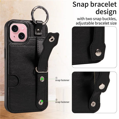008 For iPhone 15 Case Card Slot Leather+TPU Phone Cover with Anti-Drop Finger Ring