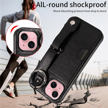 008 For iPhone 15 Case Card Slot Leather+TPU Phone Cover with Anti-Drop Finger Ring