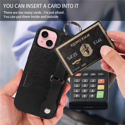 008 For iPhone 15 Case Card Slot Leather+TPU Phone Cover with Anti-Drop Finger Ring
