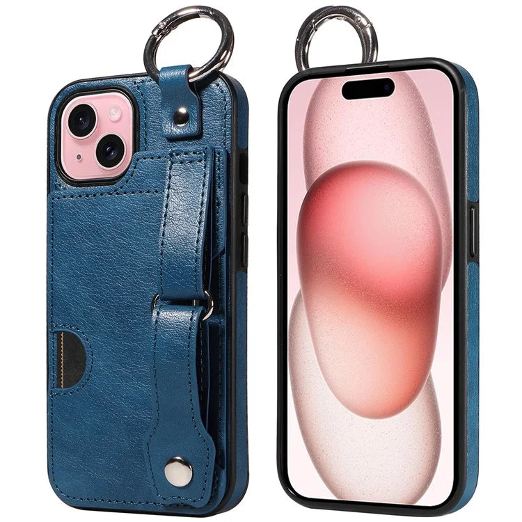 008 For iPhone 15 Case Card Slot Leather+TPU Phone Cover with Anti-Drop Finger Ring