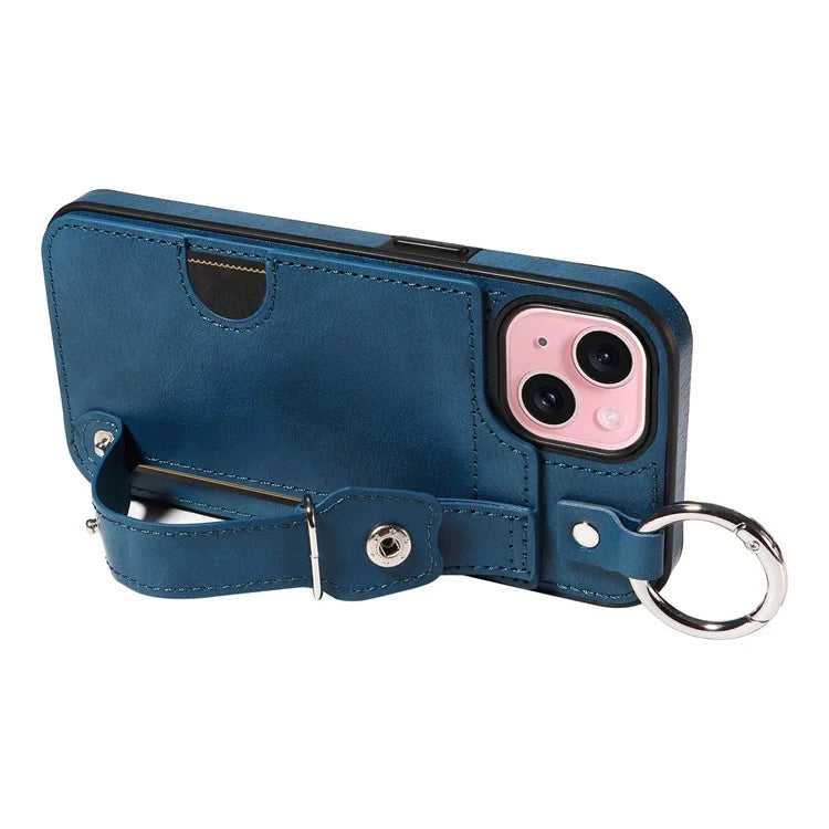 008 For iPhone 15 Case Card Slot Leather+TPU Phone Cover with Anti-Drop Finger Ring