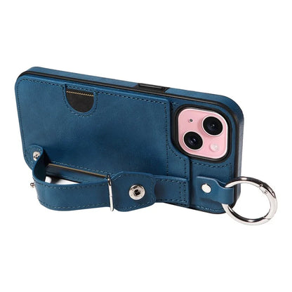 008 For iPhone 15 Case Card Slot Leather+TPU Phone Cover with Anti-Drop Finger Ring