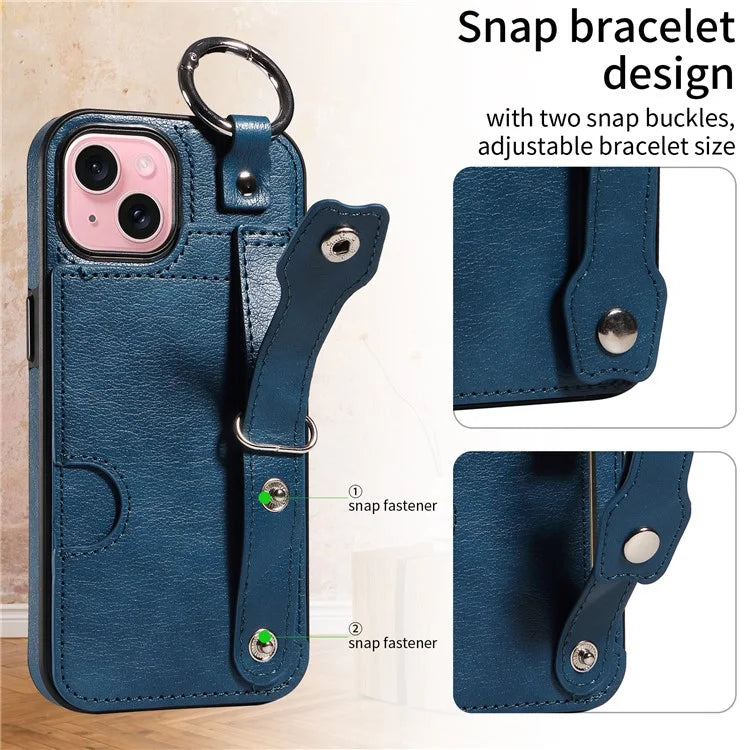 008 For iPhone 15 Case Card Slot Leather+TPU Phone Cover with Anti-Drop Finger Ring