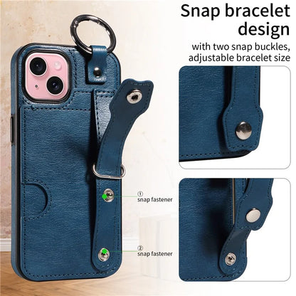 008 For iPhone 15 Case Card Slot Leather+TPU Phone Cover with Anti-Drop Finger Ring