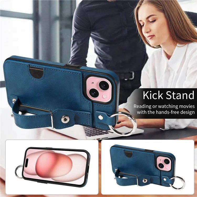 008 For iPhone 15 Case Card Slot Leather+TPU Phone Cover with Anti-Drop Finger Ring