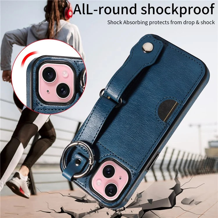 008 For iPhone 15 Case Card Slot Leather+TPU Phone Cover with Anti-Drop Finger Ring
