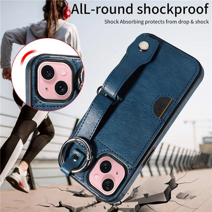 008 For iPhone 15 Case Card Slot Leather+TPU Phone Cover with Anti-Drop Finger Ring