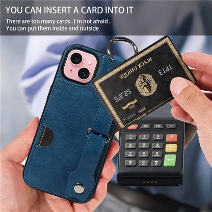 008 For iPhone 15 Case Card Slot Leather+TPU Phone Cover with Anti-Drop Finger Ring