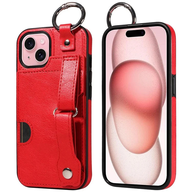008 For iPhone 15 Case Card Slot Leather+TPU Phone Cover with Anti-Drop Finger Ring