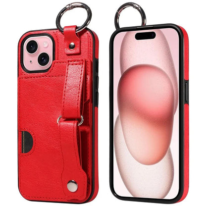 008 For iPhone 15 Case Card Slot Leather+TPU Phone Cover with Anti-Drop Finger Ring