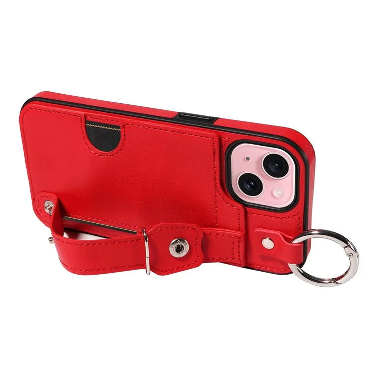 008 For iPhone 15 Case Card Slot Leather+TPU Phone Cover with Anti-Drop Finger Ring