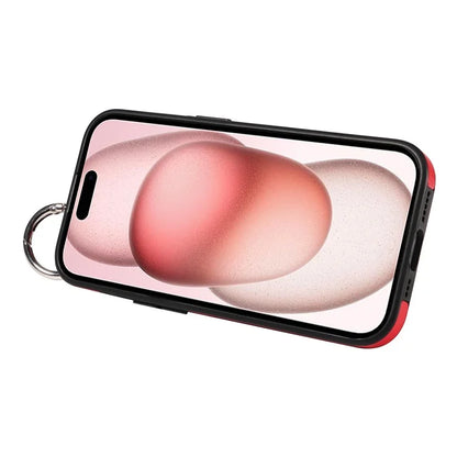 008 For iPhone 15 Case Card Slot Leather+TPU Phone Cover with Anti-Drop Finger Ring