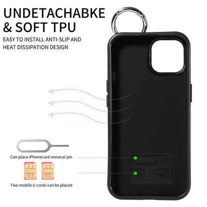 008 For iPhone 15 Case Card Slot Leather+TPU Phone Cover with Anti-Drop Finger Ring