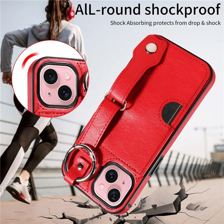 008 For iPhone 15 Case Card Slot Leather+TPU Phone Cover with Anti-Drop Finger Ring