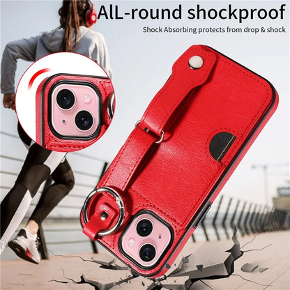 008 For iPhone 15 Case Card Slot Leather+TPU Phone Cover with Anti-Drop Finger Ring