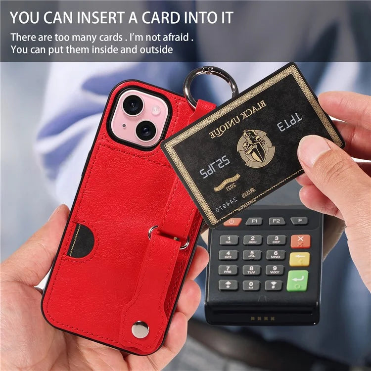 008 For iPhone 15 Case Card Slot Leather+TPU Phone Cover with Anti-Drop Finger Ring