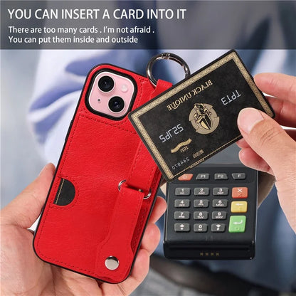 008 For iPhone 15 Case Card Slot Leather+TPU Phone Cover with Anti-Drop Finger Ring