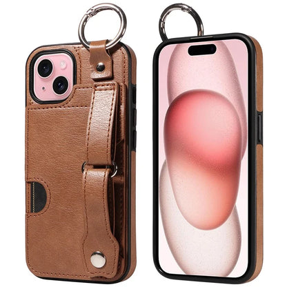 008 For iPhone 15 Case Card Slot Leather+TPU Phone Cover with Anti-Drop Finger Ring