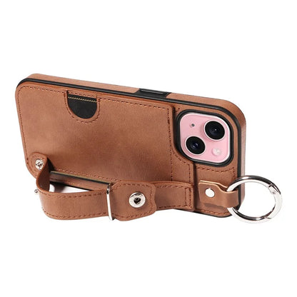 008 For iPhone 15 Case Card Slot Leather+TPU Phone Cover with Anti-Drop Finger Ring