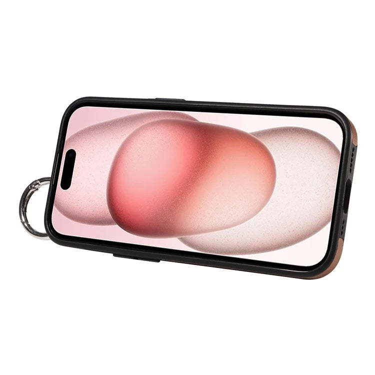 008 For iPhone 15 Case Card Slot Leather+TPU Phone Cover with Anti-Drop Finger Ring