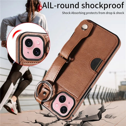 008 For iPhone 15 Case Card Slot Leather+TPU Phone Cover with Anti-Drop Finger Ring