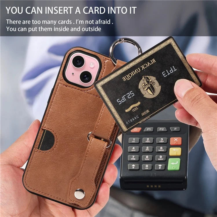 008 For iPhone 15 Case Card Slot Leather+TPU Phone Cover with Anti-Drop Finger Ring