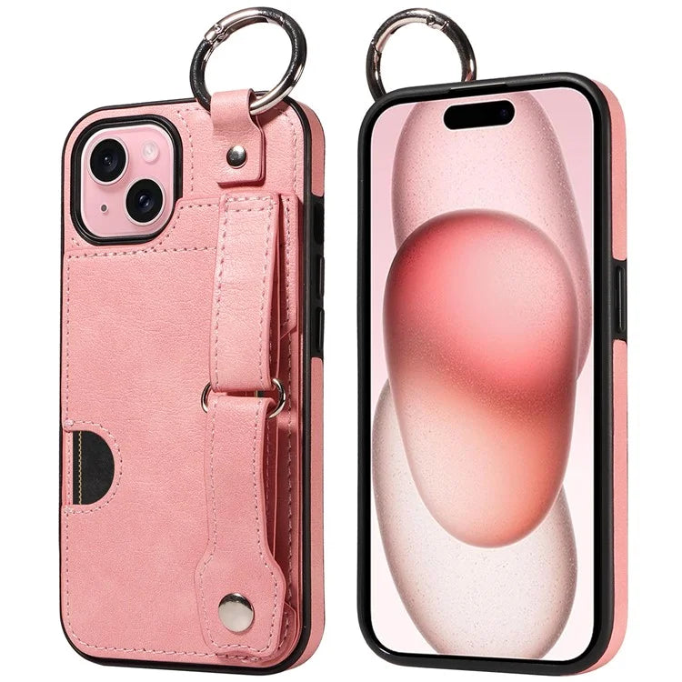 008 For iPhone 15 Case Card Slot Leather+TPU Phone Cover with Anti-Drop Finger Ring