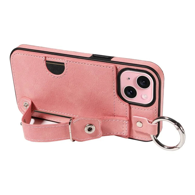 008 For iPhone 15 Case Card Slot Leather+TPU Phone Cover with Anti-Drop Finger Ring