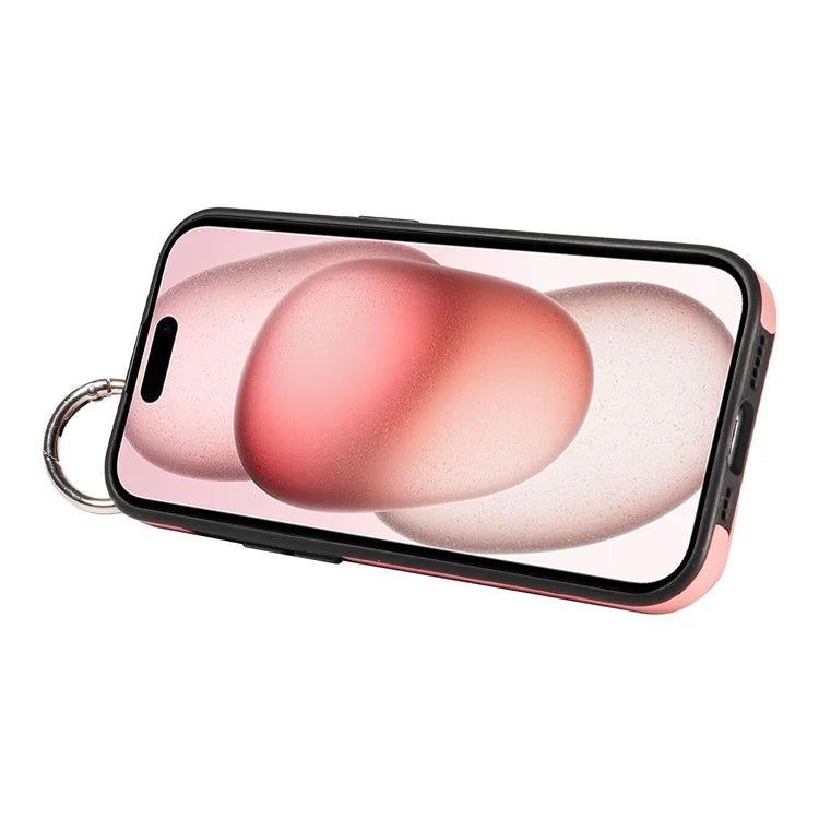 008 For iPhone 15 Case Card Slot Leather+TPU Phone Cover with Anti-Drop Finger Ring