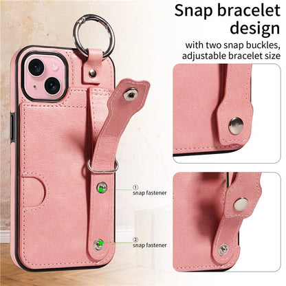 008 For iPhone 15 Case Card Slot Leather+TPU Phone Cover with Anti-Drop Finger Ring