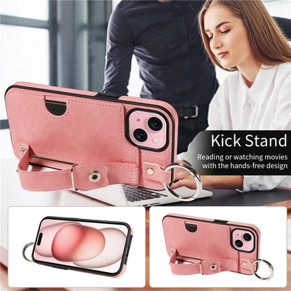 008 For iPhone 15 Case Card Slot Leather+TPU Phone Cover with Anti-Drop Finger Ring