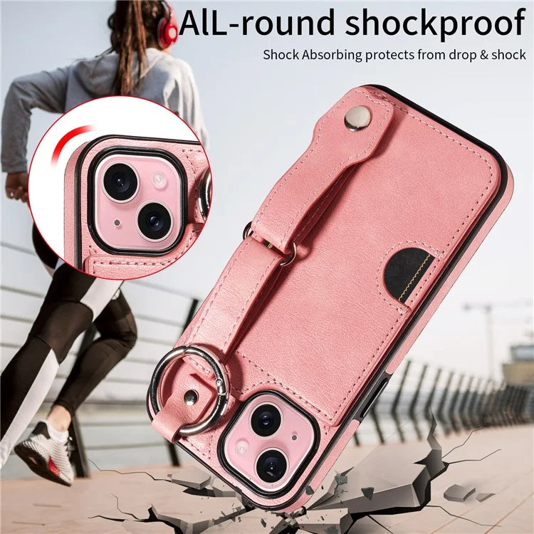 008 For iPhone 15 Case Card Slot Leather+TPU Phone Cover with Anti-Drop Finger Ring