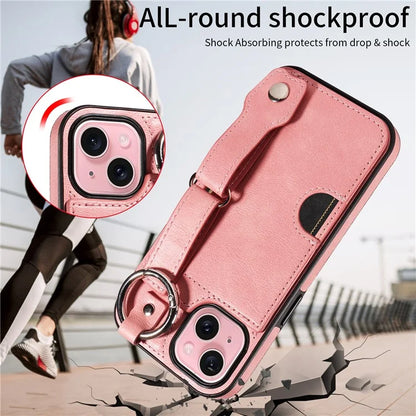 008 For iPhone 15 Case Card Slot Leather+TPU Phone Cover with Anti-Drop Finger Ring