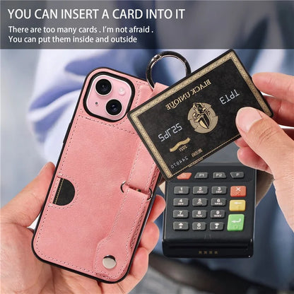 008 For iPhone 15 Case Card Slot Leather+TPU Phone Cover with Anti-Drop Finger Ring
