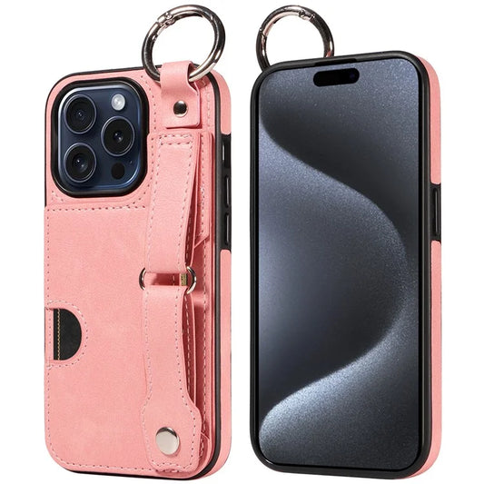 008 For iPhone 15 Pro Case Leather+TPU Wristband Kickstand Phone Cover with Finger Ring