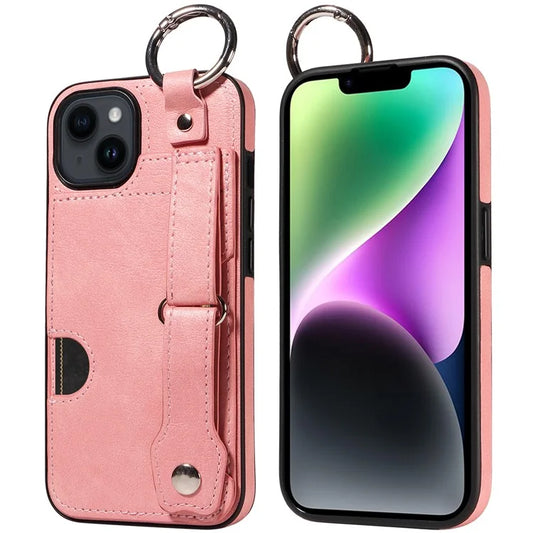 008 For iPhone 14 Cell Phone Case Leather+TPU Anti Drop Cover Wristband Strap