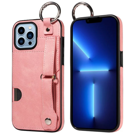 008 For iPhone 13 Pro Max Case PU Leather Coated TPU Finger Loop Protective Phone Cover