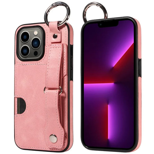 008 For iPhone 13 Pro Case Wristband Holder Kickstand PU Leather Coated TPU Phone Cover