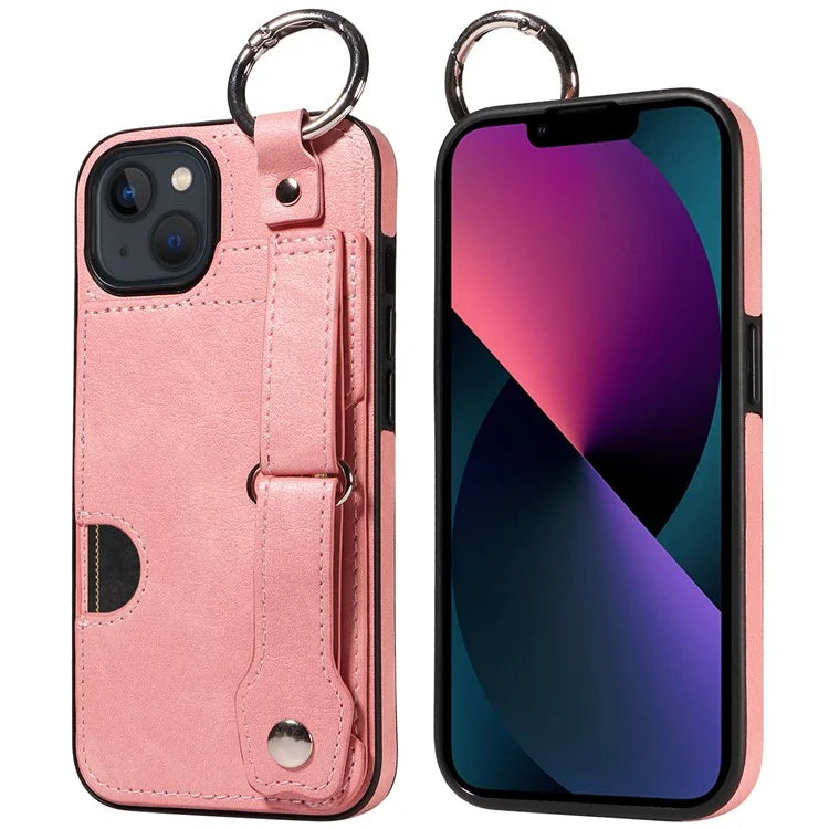 008 For iPhone 13 Case Card Slot Leather Coated TPU Phone Cover with Finger Ring