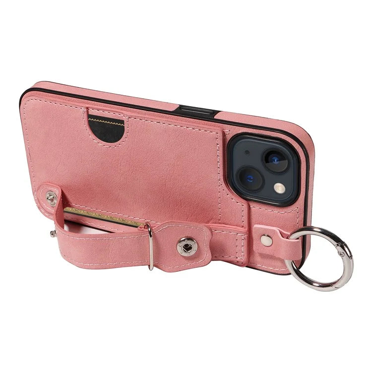 008 For iPhone 13 Case Card Slot Leather Coated TPU Phone Cover with Finger Ring