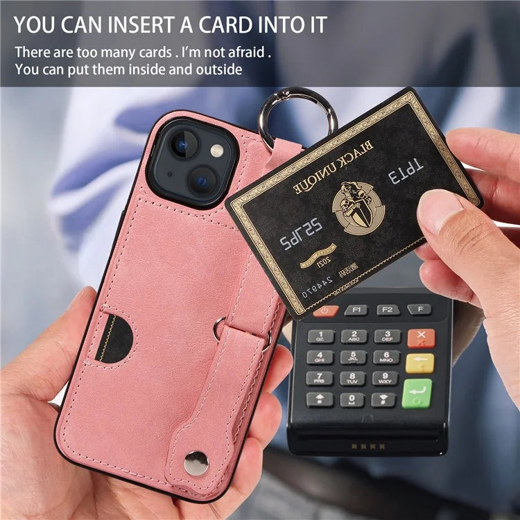 008 For iPhone 13 Case Card Slot Leather Coated TPU Phone Cover with Finger Ring