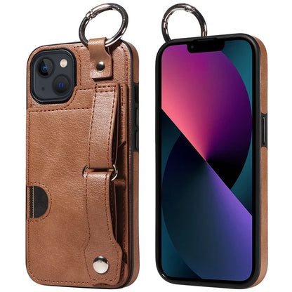 008 For iPhone 13 Case Card Slot Leather Coated TPU Phone Cover with Finger Ring