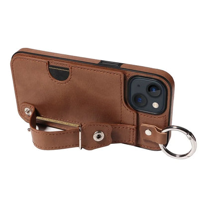 008 For iPhone 13 Case Card Slot Leather Coated TPU Phone Cover with Finger Ring